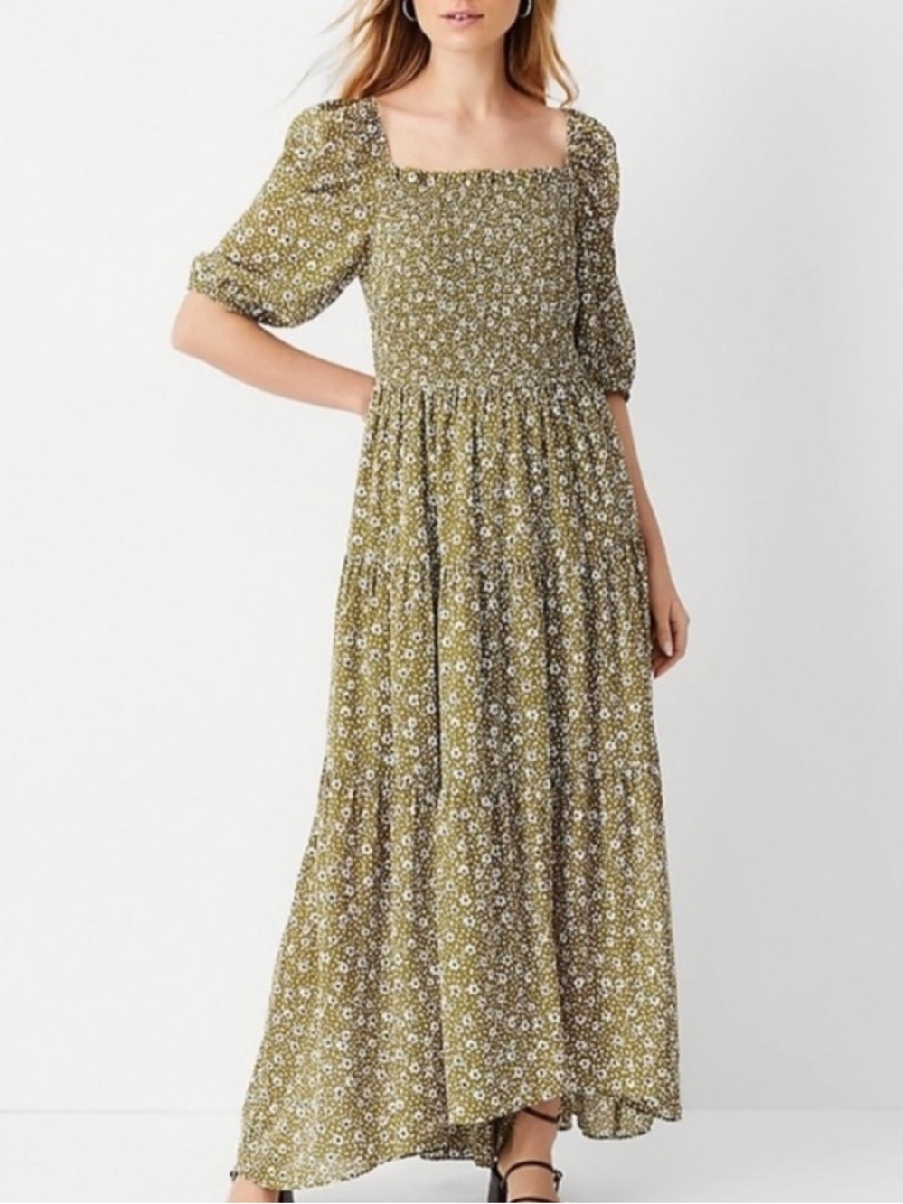 Ann Taylor 8 Olive Green Floral Smocked Bodice High Low Midi Summer Dress B11